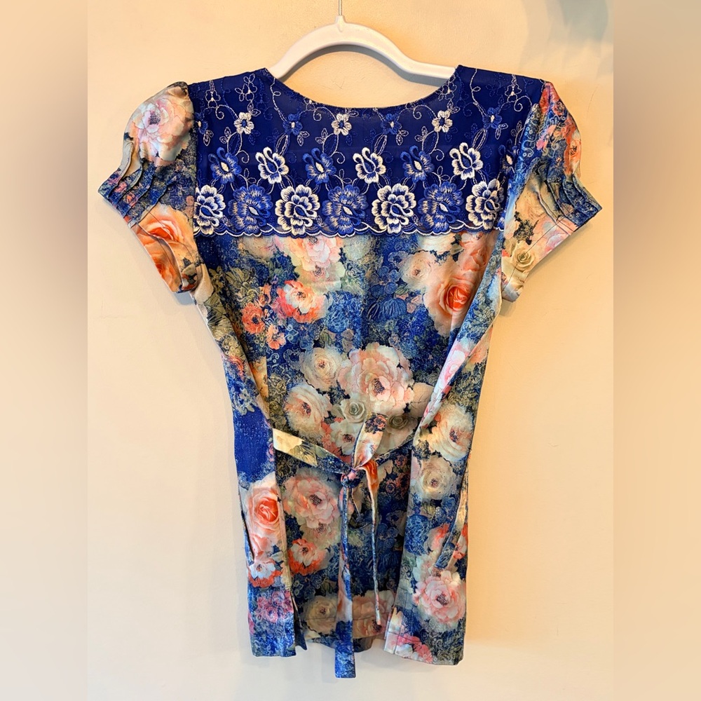 Satin Floral Embroidered Boho Top Puff Sleeve Pockets - Picture 7 of 11